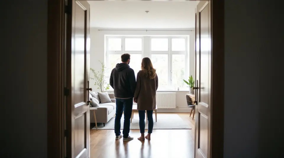Een stel, van achteren gezien, staat in de deuropening van een lege lichte woonkamer tijdens een bezichtiging