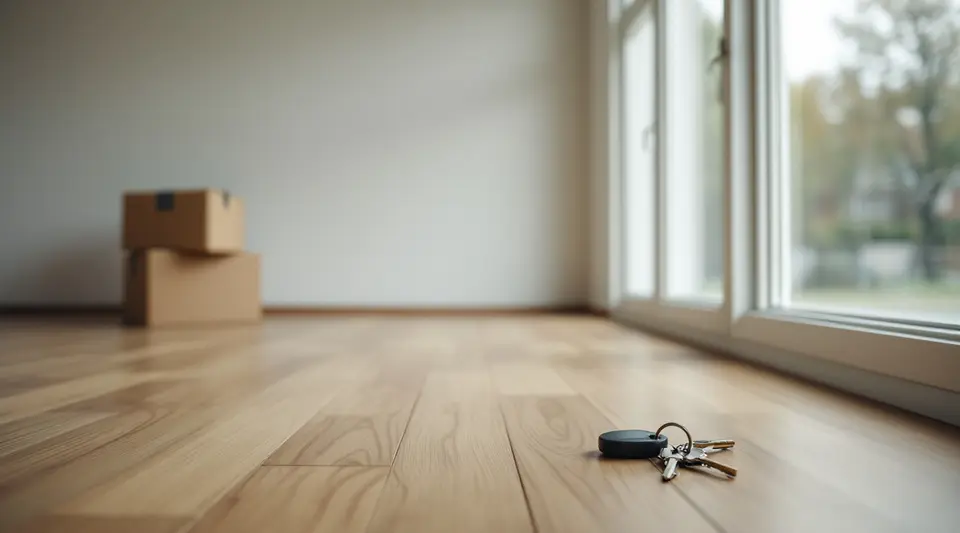 Een lege lichte woonkamer met een eiken vloer, een sleutelbos op de grond en verhuisdozen in de hoek
