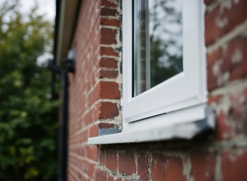 Een nieuw wit kozijn met isolerend dubbel glas in een rode bakstenen gevel, van dichtbij